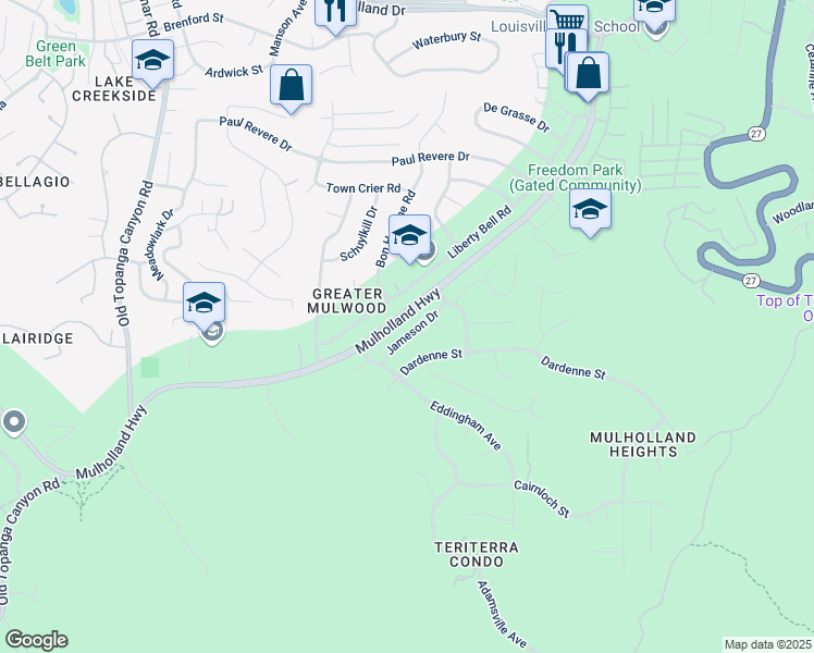 map of restaurants, bars, coffee shops, grocery stores, and more near 22651 Jameson Drive in Calabasas