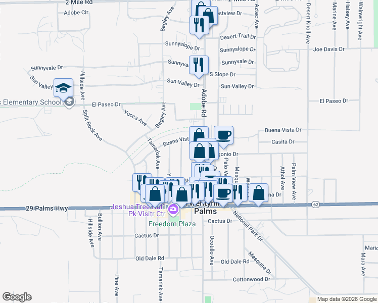 map of restaurants, bars, coffee shops, grocery stores, and more near 6284 Cholla Avenue in Twentynine Palms