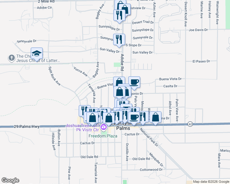 map of restaurants, bars, coffee shops, grocery stores, and more near 6286 Cholla Avenue in Twentynine Palms