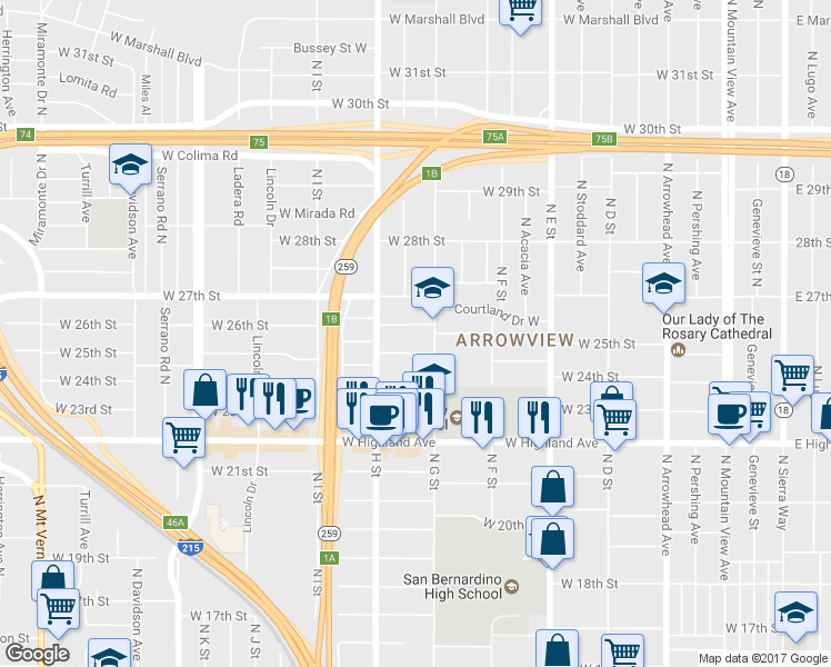 map of restaurants, bars, coffee shops, grocery stores, and more near 725 West 26th Street in San Bernardino