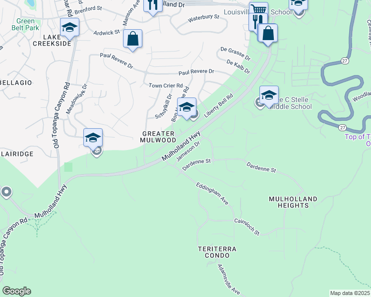 map of restaurants, bars, coffee shops, grocery stores, and more near 22651 Jameson Drive in Calabasas