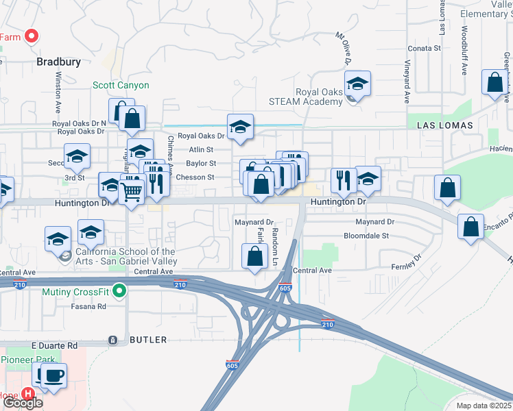 map of restaurants, bars, coffee shops, grocery stores, and more near 2150 Huntington Drive in Duarte