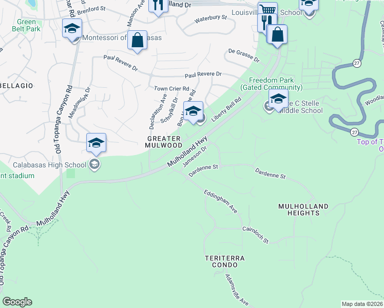 map of restaurants, bars, coffee shops, grocery stores, and more near 22651 Jameson Drive in Calabasas