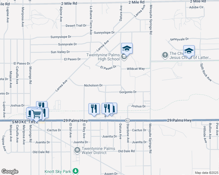 map of restaurants, bars, coffee shops, grocery stores, and more near 72575 Nicholson Drive in Twentynine Palms