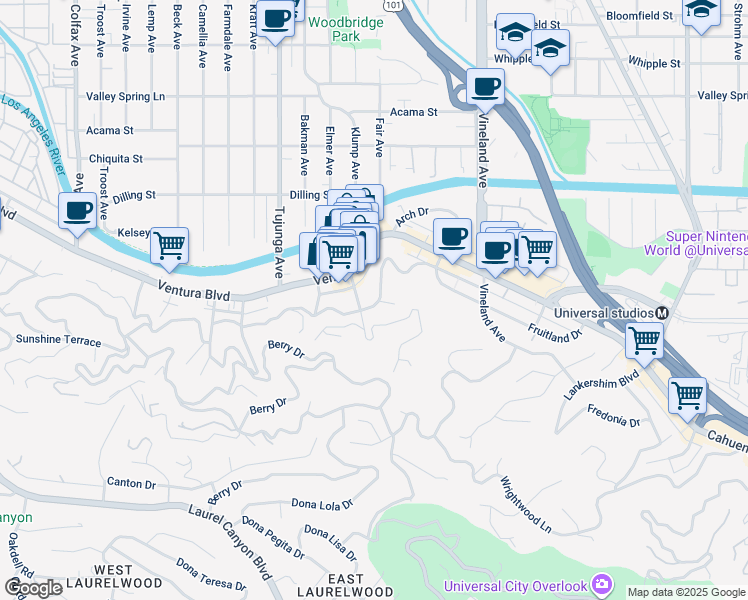 map of restaurants, bars, coffee shops, grocery stores, and more near 11265 Sunshine Terrace in Los Angeles