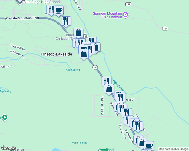 map of restaurants, bars, coffee shops, grocery stores, and more near 25 East White Mountain Boulevard in Pinetop-Lakeside