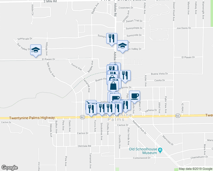 map of restaurants, bars, coffee shops, grocery stores, and more near 6260 Adobe Road in Twentynine Palms