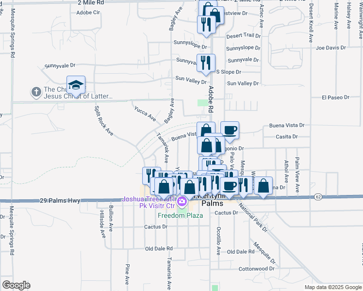 map of restaurants, bars, coffee shops, grocery stores, and more near 6252 Smoketree Avenue in Twentynine Palms