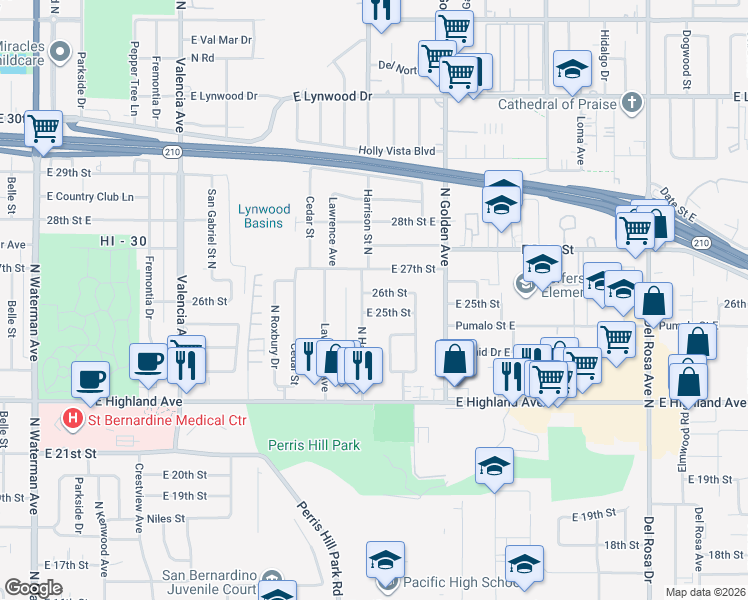 map of restaurants, bars, coffee shops, grocery stores, and more near 1116 26th Street in San Bernardino