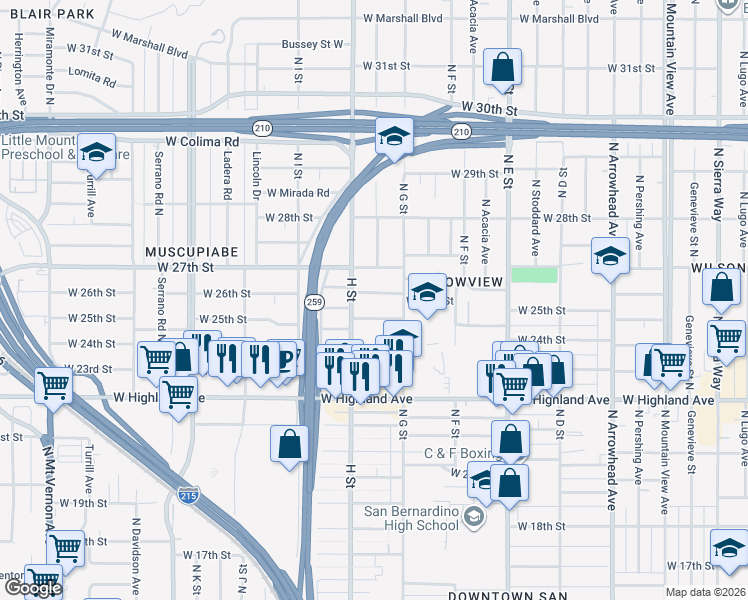 map of restaurants, bars, coffee shops, grocery stores, and more near 768 West 26th Street in San Bernardino