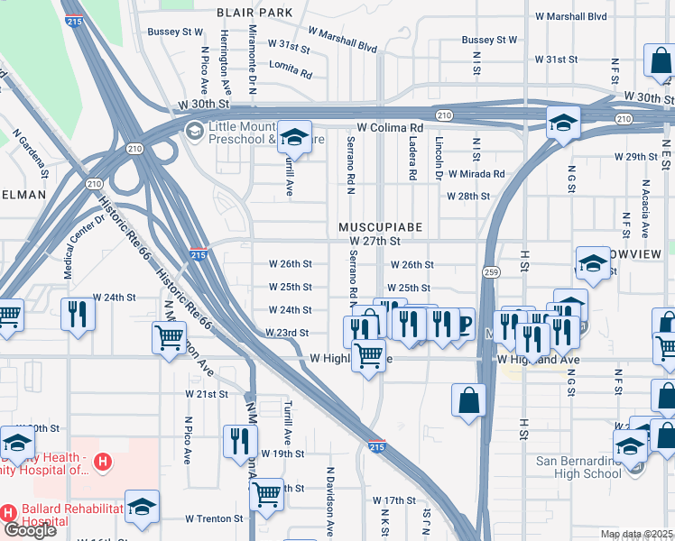 map of restaurants, bars, coffee shops, grocery stores, and more near 1208 West 26th Street in San Bernardino