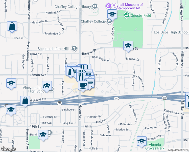 map of restaurants, bars, coffee shops, grocery stores, and more near 10635 Concannon Street in Rancho Cucamonga