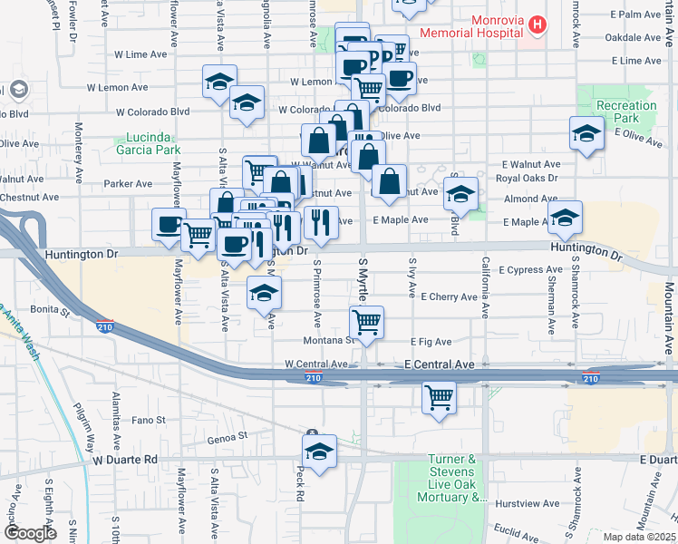 map of restaurants, bars, coffee shops, grocery stores, and more near 124 West Huntington Drive in Monrovia