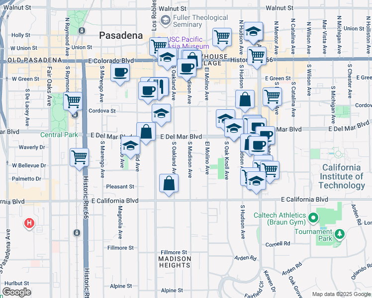map of restaurants, bars, coffee shops, grocery stores, and more near 343 South Madison Avenue in Pasadena