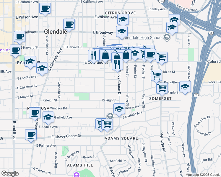 map of restaurants, bars, coffee shops, grocery stores, and more near 1131 East Chestnut Street in Glendale