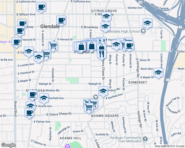map of restaurants, bars, coffee shops, grocery stores, and more near 513 South Adams Street in Glendale