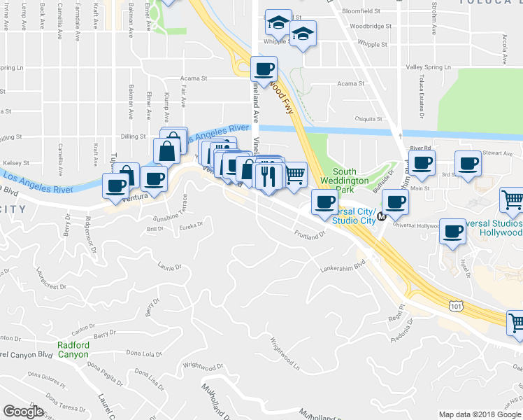map of restaurants, bars, coffee shops, grocery stores, and more near in Los Angeles