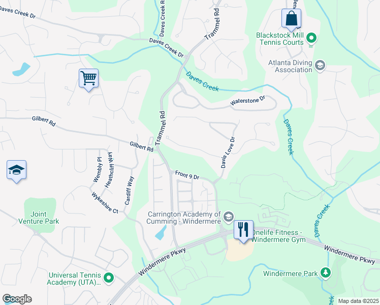 map of restaurants, bars, coffee shops, grocery stores, and more near 5325 Davenport Manor in Cumming