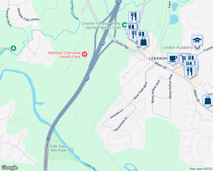 map of restaurants, bars, coffee shops, grocery stores, and more near 643 North Rope Mill Road in Woodstock
