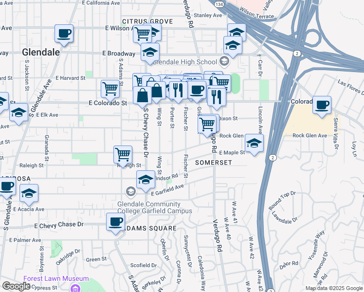 map of restaurants, bars, coffee shops, grocery stores, and more near 523 Fischer Street in Glendale