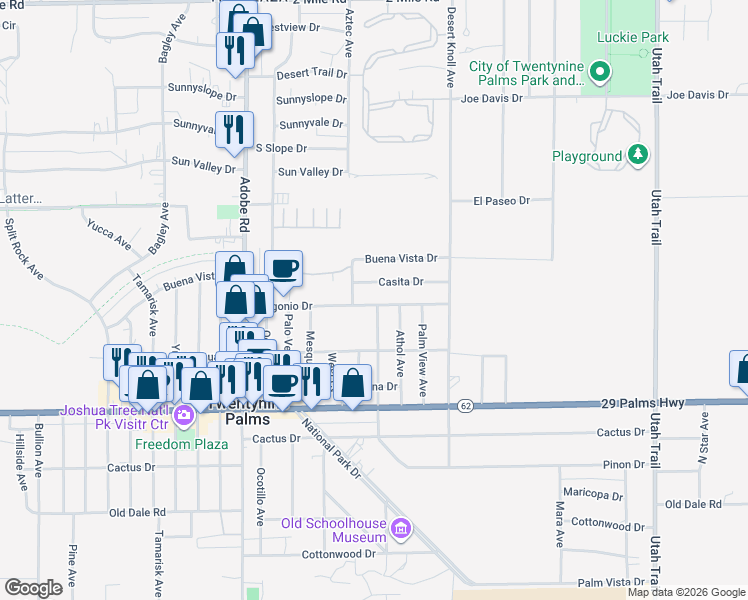 map of restaurants, bars, coffee shops, grocery stores, and more near 73942 Gorgonio Drive in Twentynine Palms