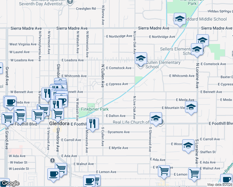 map of restaurants, bars, coffee shops, grocery stores, and more near 568 East Bennett Avenue in Glendora