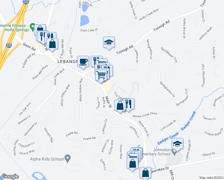 map of restaurants, bars, coffee shops, grocery stores, and more near 118 Fox Creek Drive in Woodstock