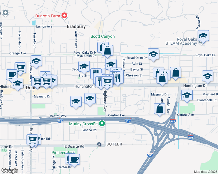 map of restaurants, bars, coffee shops, grocery stores, and more near 1806 Huntington Drive in Duarte