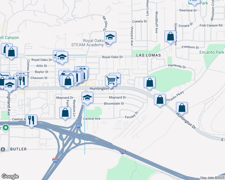 map of restaurants, bars, coffee shops, grocery stores, and more near 1107 Capri Court in Duarte
