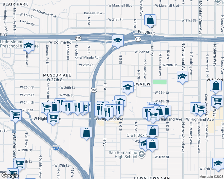 map of restaurants, bars, coffee shops, grocery stores, and more near 768 West 26th Street in San Bernardino