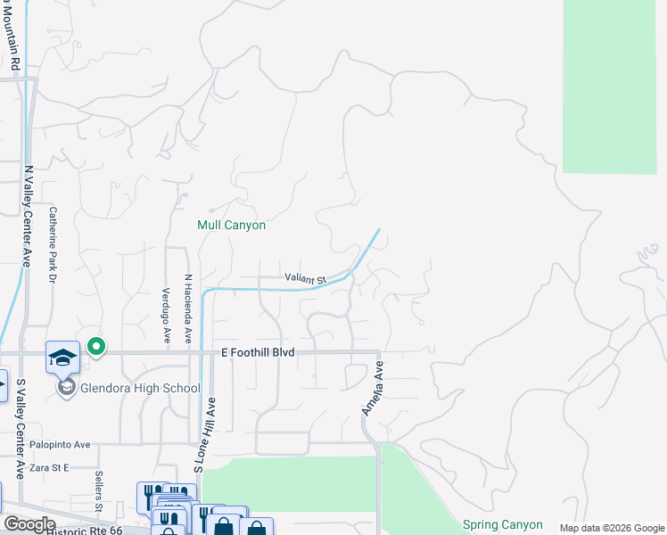 map of restaurants, bars, coffee shops, grocery stores, and more near 2233 Valiant Street in Glendora