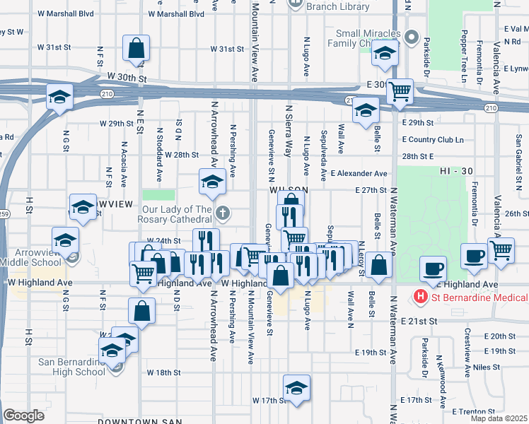 map of restaurants, bars, coffee shops, grocery stores, and more near 2588 Genevieve Street North in San Bernardino