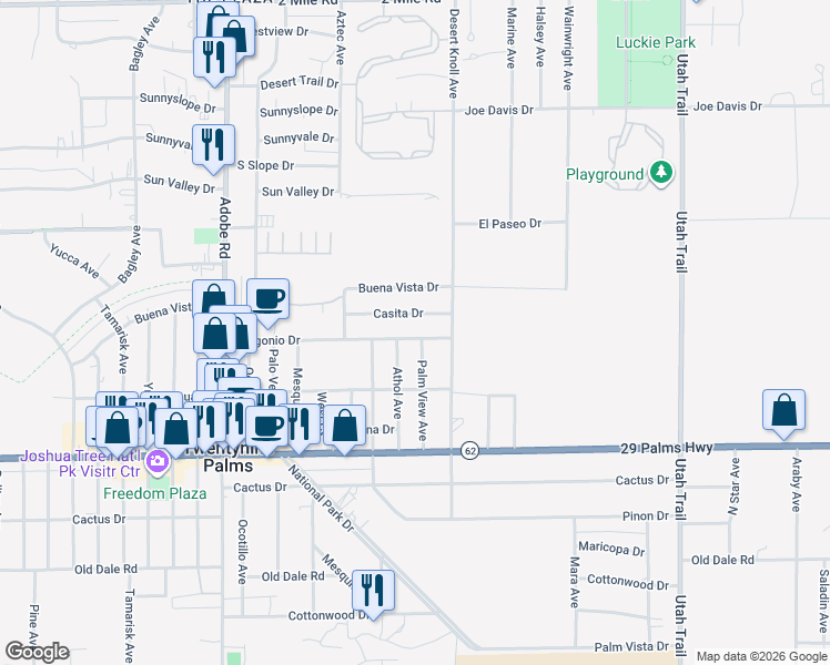 map of restaurants, bars, coffee shops, grocery stores, and more near 74032 Gorgonio Drive in Twentynine Palms