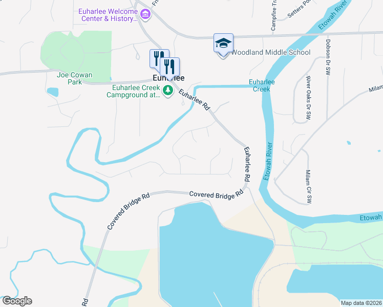 map of restaurants, bars, coffee shops, grocery stores, and more near 17 Turtle Rock Court Southwest in Euharlee