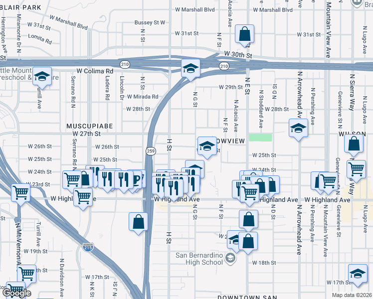 map of restaurants, bars, coffee shops, grocery stores, and more near 725 West 26th Street in San Bernardino