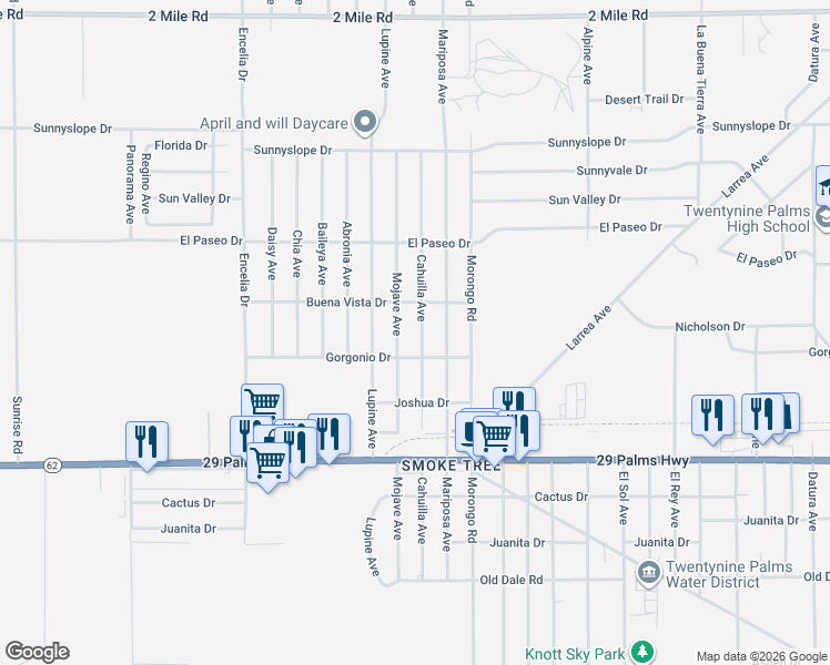 map of restaurants, bars, coffee shops, grocery stores, and more near 6256 Cahuilla Avenue in Twentynine Palms