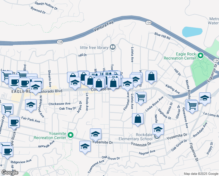 map of restaurants, bars, coffee shops, grocery stores, and more near Colorado Blvd & Townsend Ave in Los Angeles