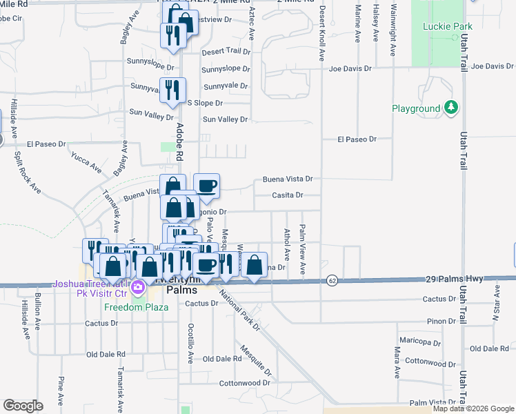map of restaurants, bars, coffee shops, grocery stores, and more near 73908 Gorgonio Drive in Twentynine Palms