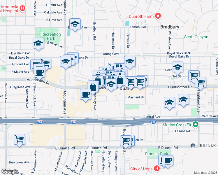 map of restaurants, bars, coffee shops, grocery stores, and more near 1200 Huntington Drive in Duarte