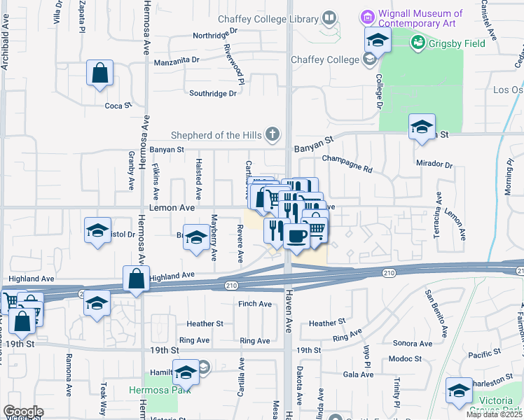 map of restaurants, bars, coffee shops, grocery stores, and more near 10431 Lemon Avenue in Rancho Cucamonga