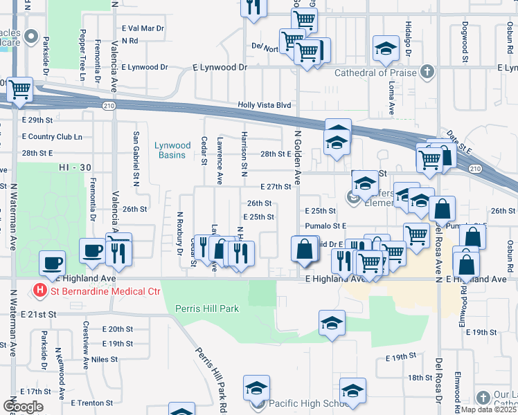 map of restaurants, bars, coffee shops, grocery stores, and more near 1129 26th Street in San Bernardino