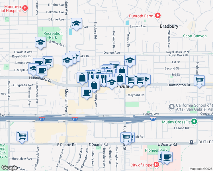 map of restaurants, bars, coffee shops, grocery stores, and more near 1138 East Huntington Drive in Duarte