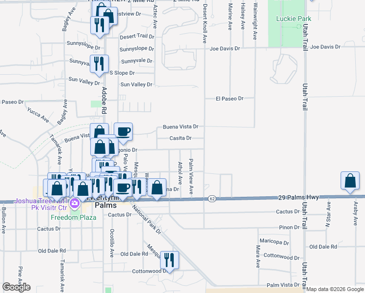 map of restaurants, bars, coffee shops, grocery stores, and more near 74003 Casita Drive in Twentynine Palms