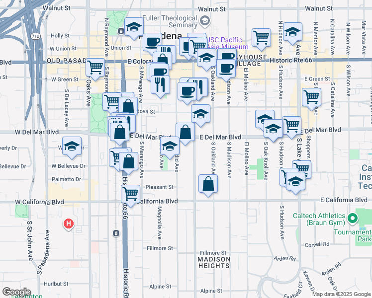 map of restaurants, bars, coffee shops, grocery stores, and more near 355 South Los Robles Avenue in Pasadena