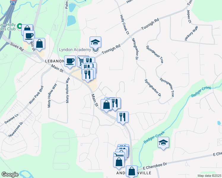 map of restaurants, bars, coffee shops, grocery stores, and more near 439 Red Coat Lane in Woodstock