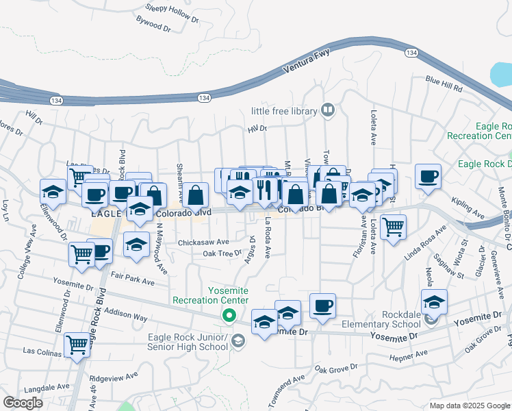 map of restaurants, bars, coffee shops, grocery stores, and more near 1759 Colorado Boulevard in Los Angeles