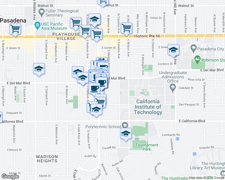map of restaurants, bars, coffee shops, grocery stores, and more near 340 Shoppers Lane in Pasadena