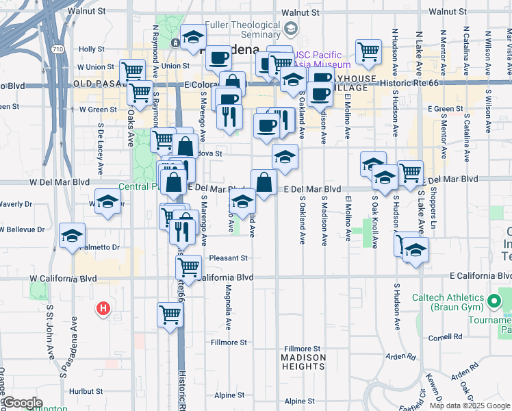 map of restaurants, bars, coffee shops, grocery stores, and more near 360 South Euclid Avenue in Pasadena