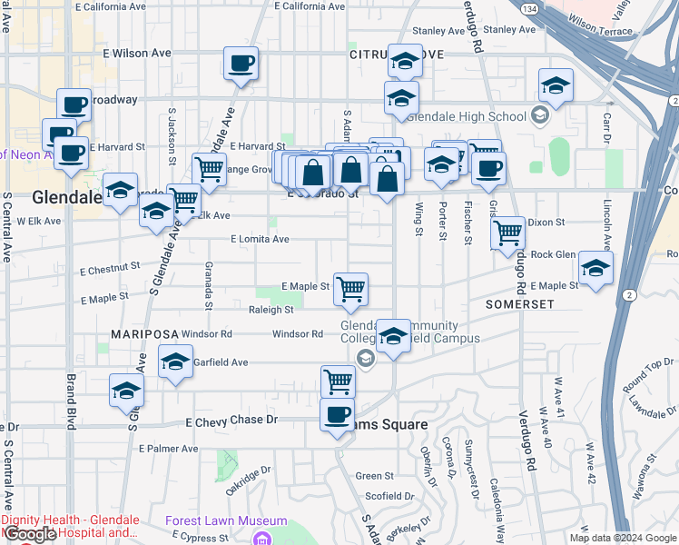 map of restaurants, bars, coffee shops, grocery stores, and more near 609 South Adams Street in Glendale