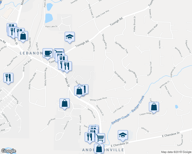 map of restaurants, bars, coffee shops, grocery stores, and more near 593 Fox Creek Crossing in Woodstock